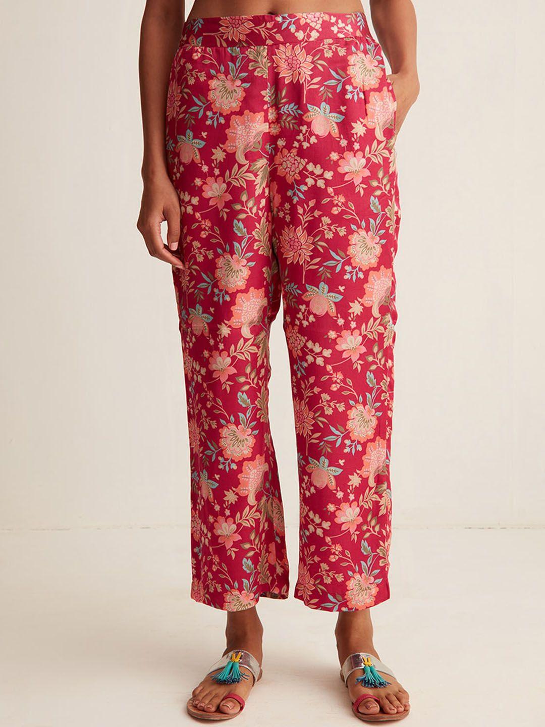 ancestry women pink floral printed modal trousers