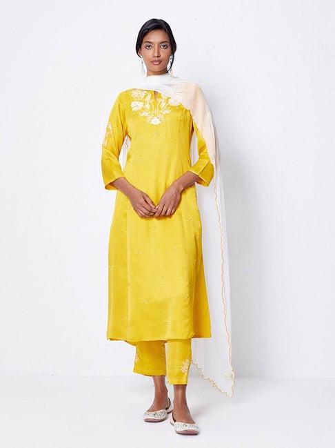 ancestry yellow embellished kurta with pants & dupatta