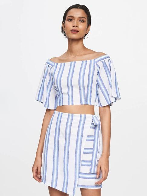 and blue & white striped crop top with skirt