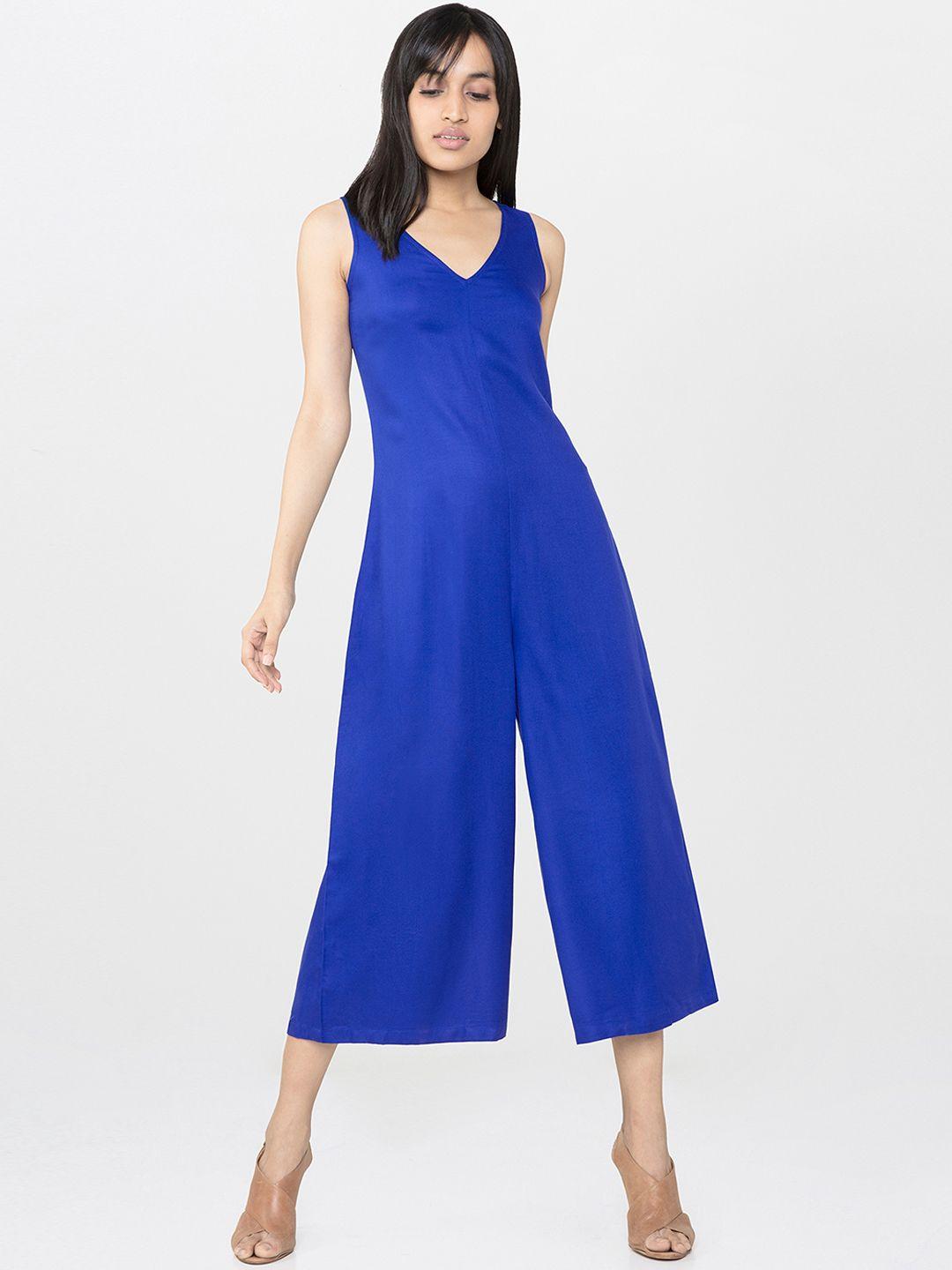 and blue solid culotte jumpsuit