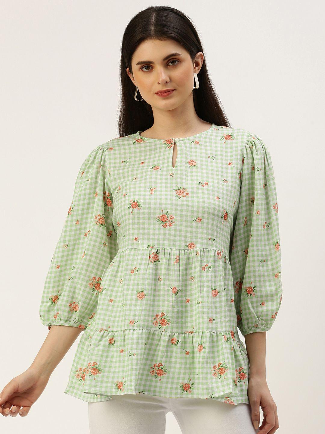 and floral checked puff sleeve tiered top