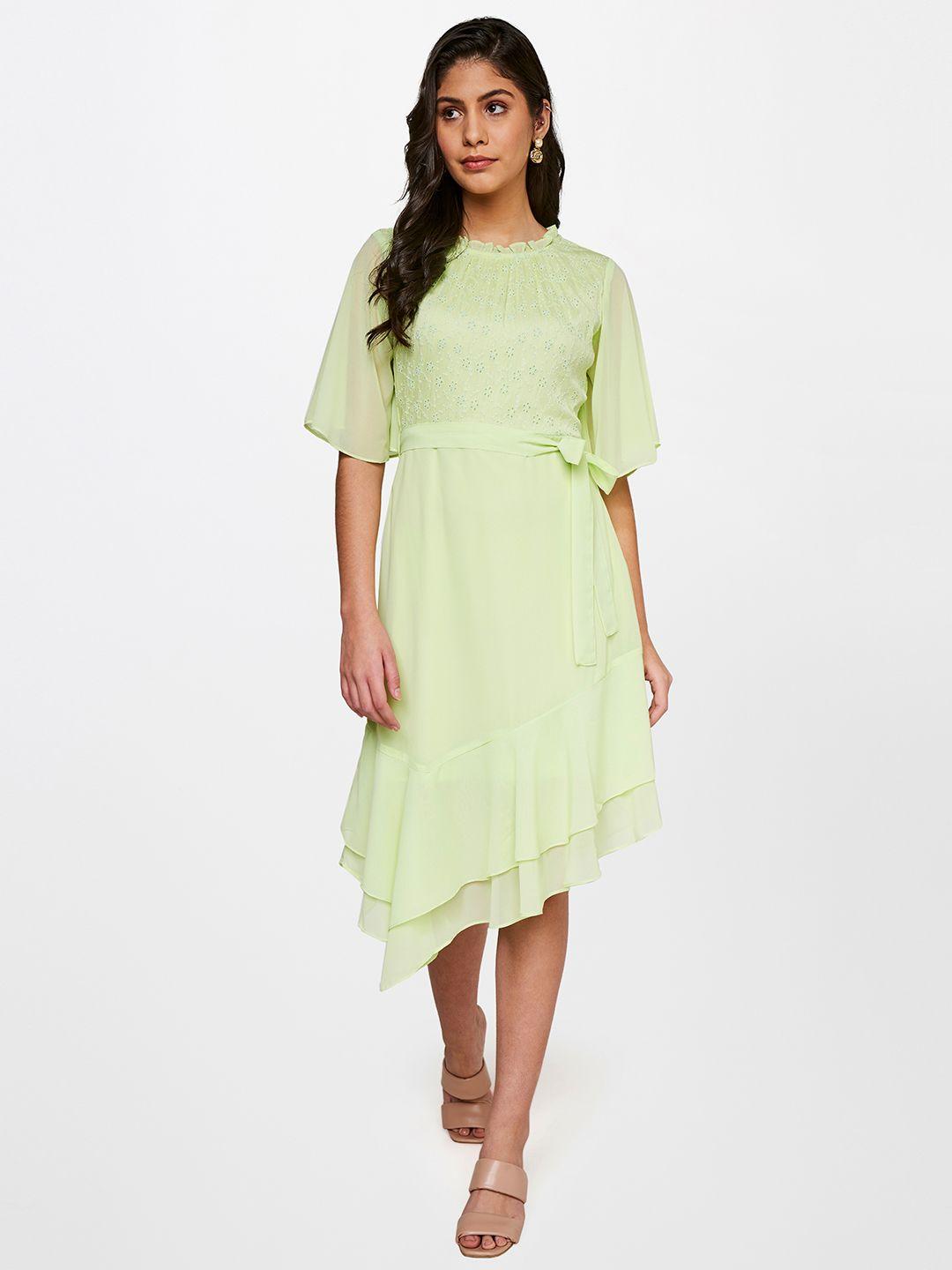 and floral embroidered flared sleeve a-line midi dress