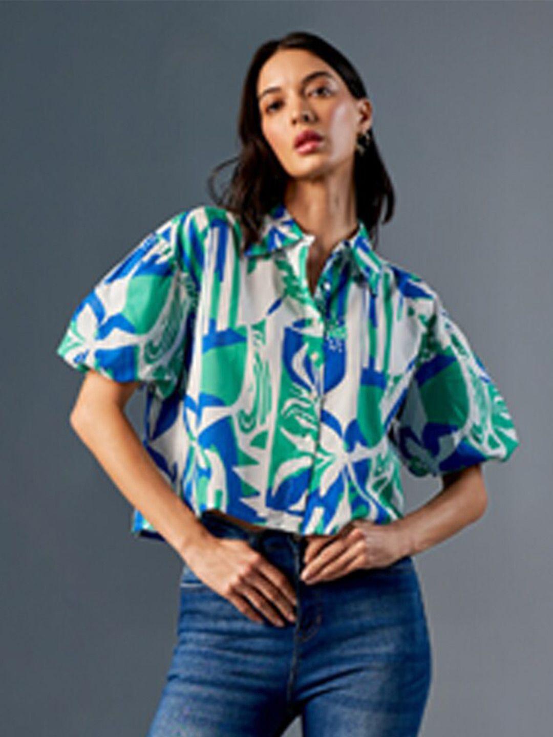 and floral print flared sleeve cotton top