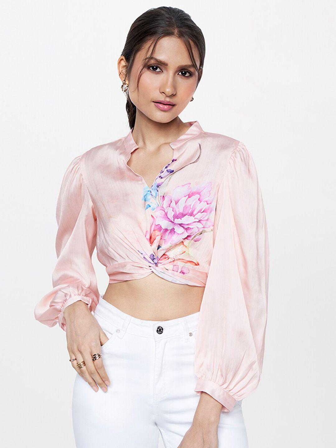 and floral printed mandarin collar cuffed sleeves twisted detail shirt style crop top