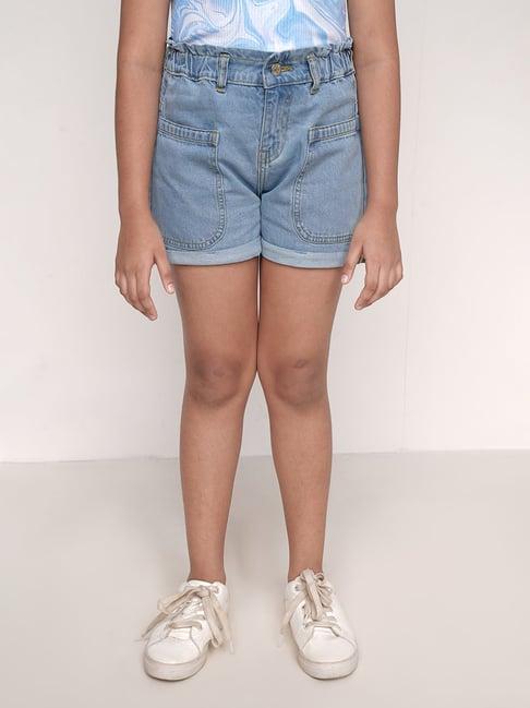 and girl light blue solid shorts