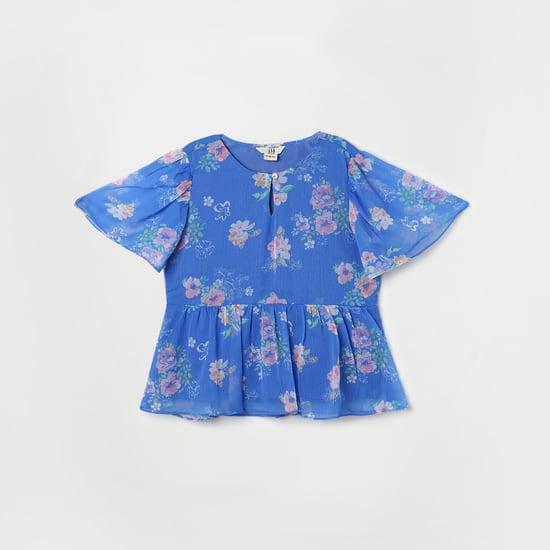 and girls floral printed keyhole neck casual top