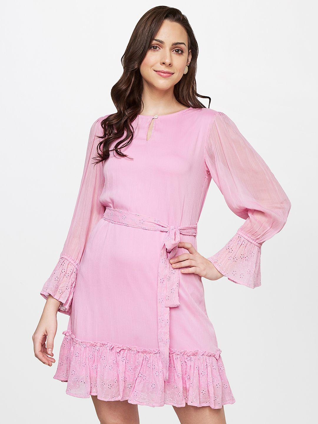 and keyhole neck bell sleeve ruffled a-line dress with belt