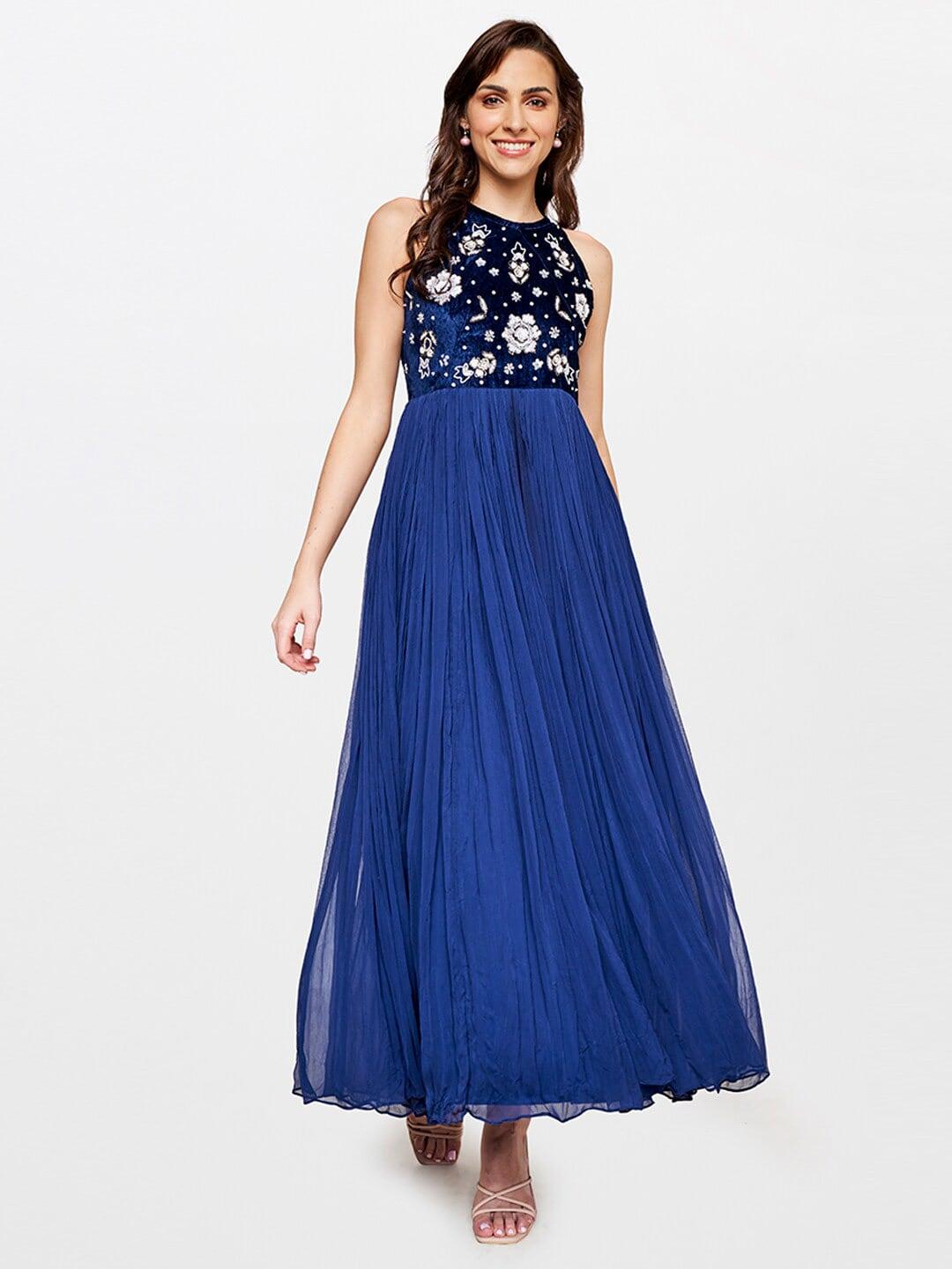 and navy floral embroidered maxi dress
