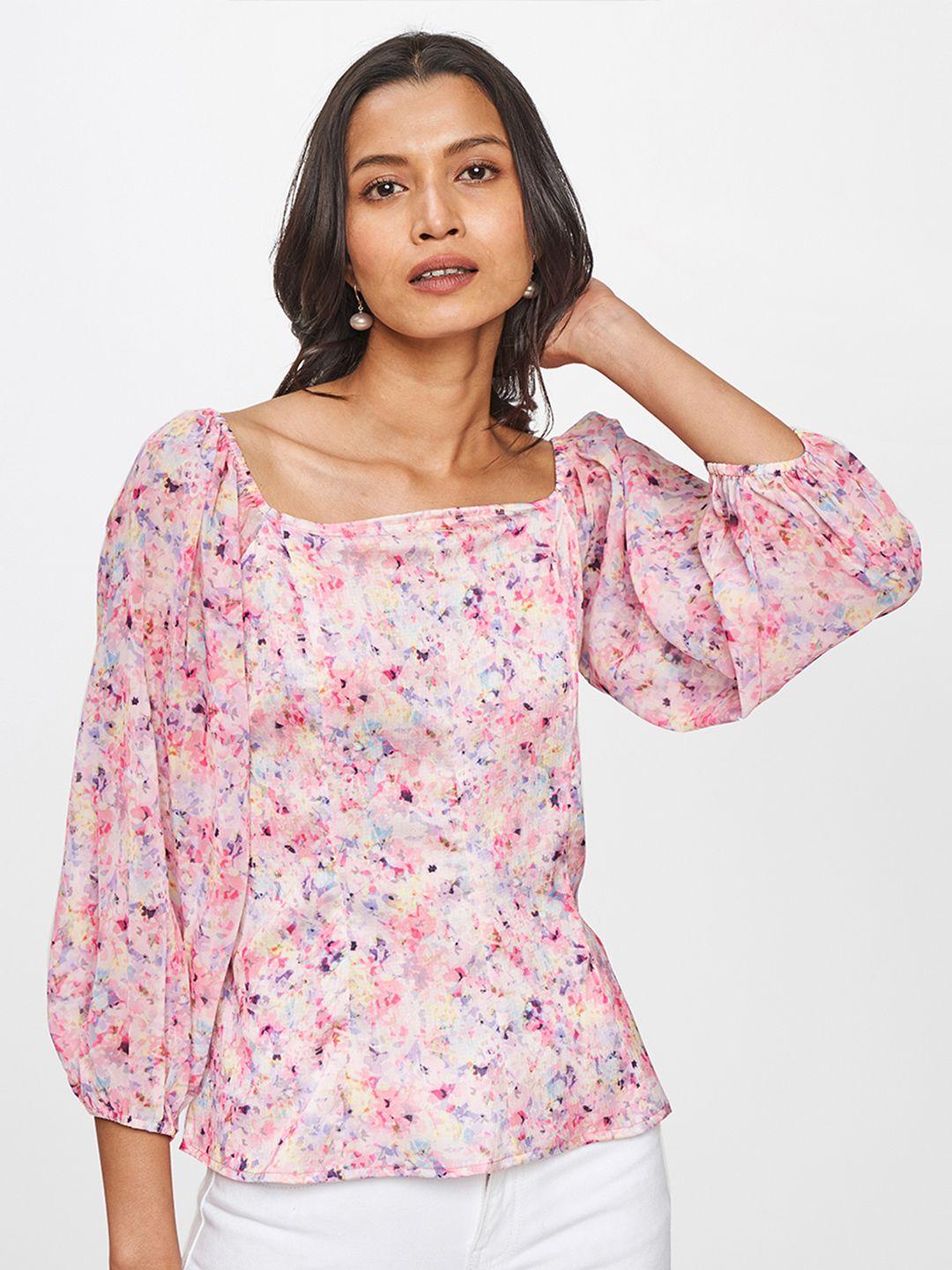 and pink floral print top