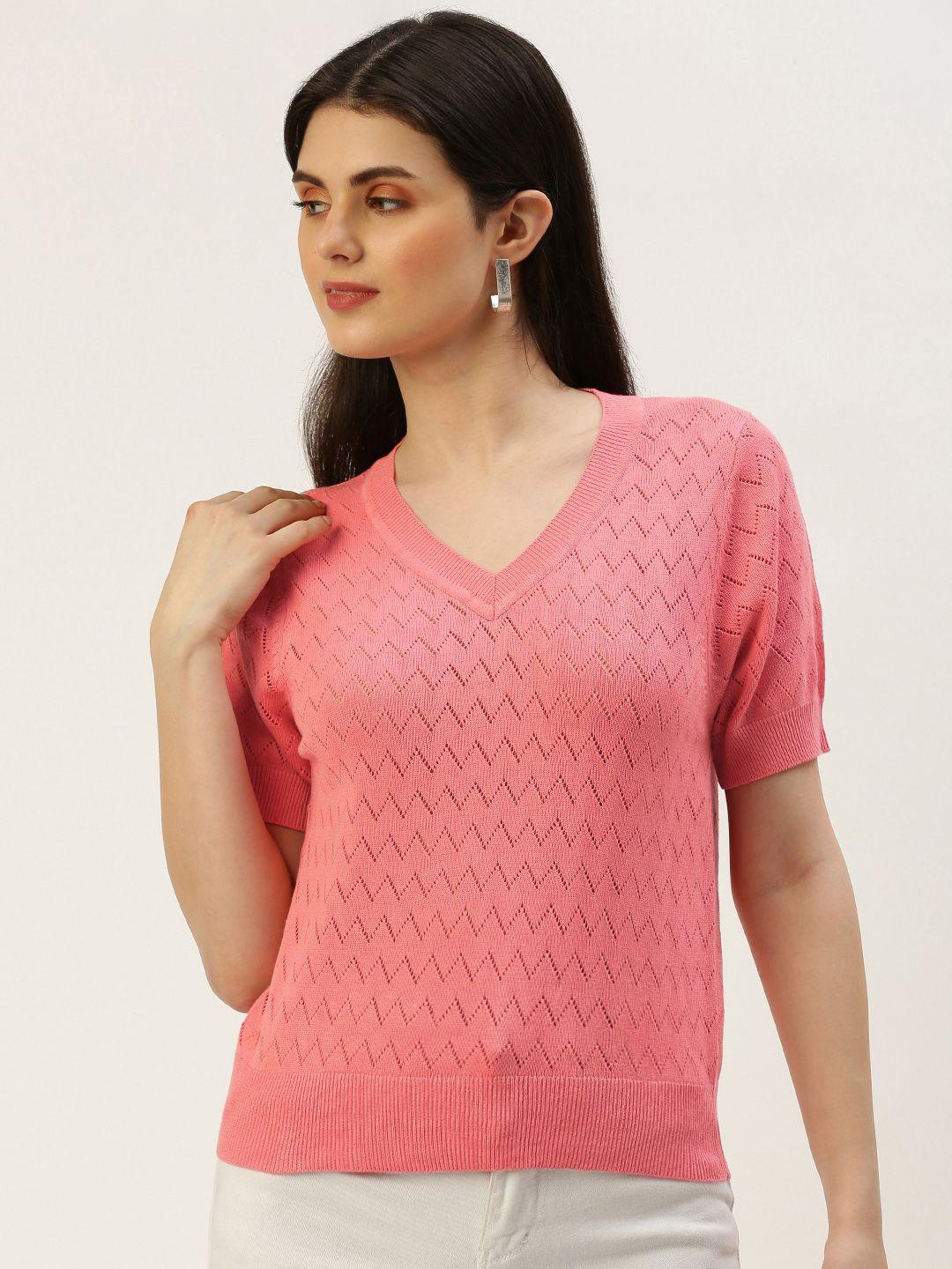 and v-neck knitted self design short sleeves top