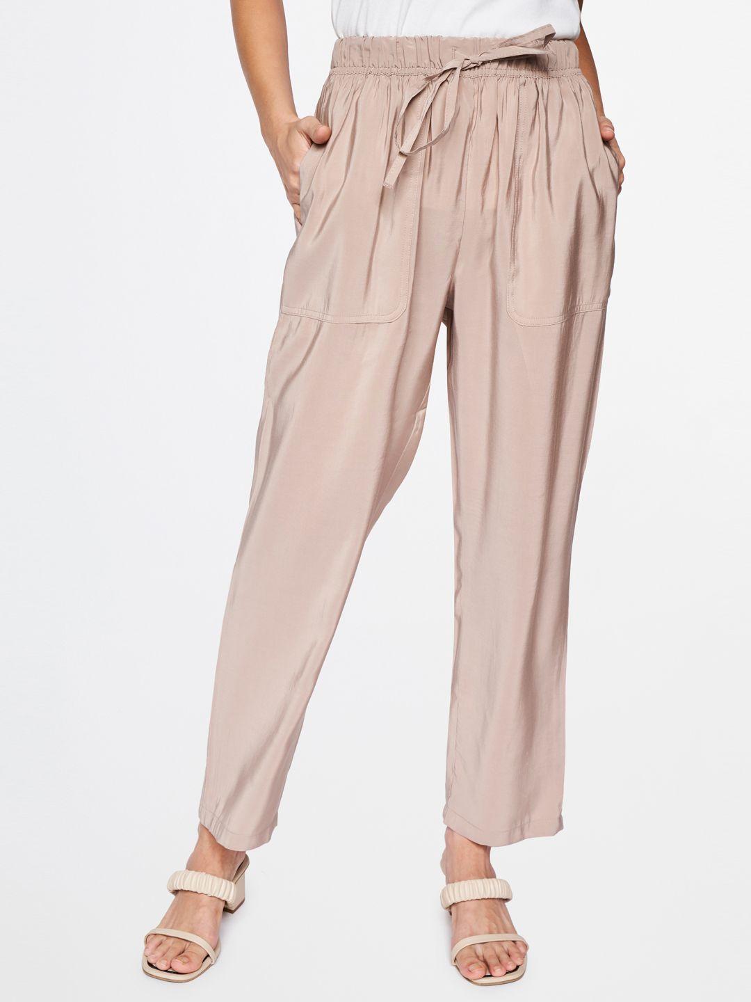 and women beige straight fit easy wash pleated trousers