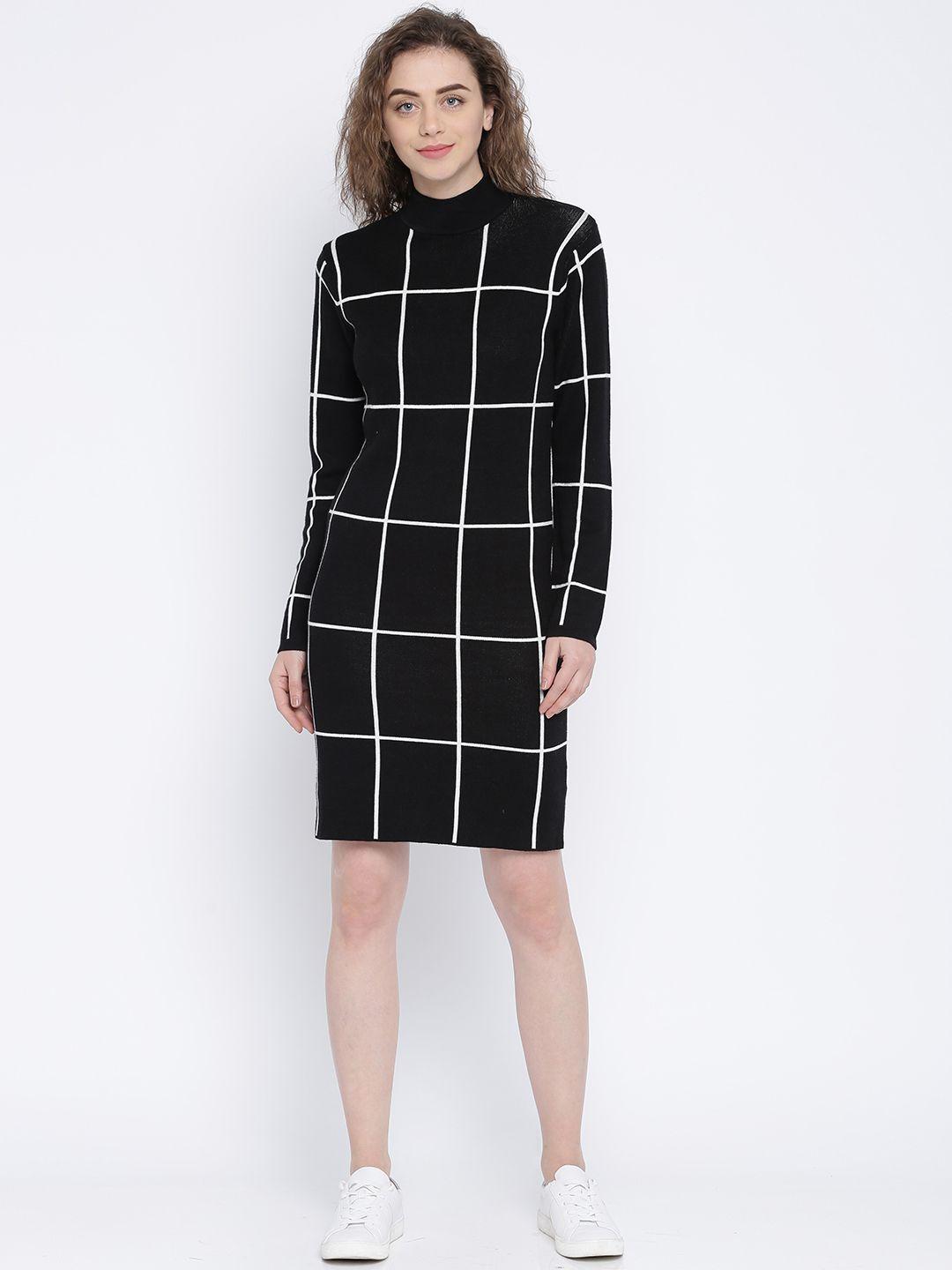 and women black & white checked sweater dress