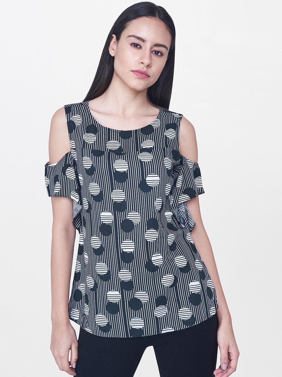 and women black & white printed cold-shoulder top