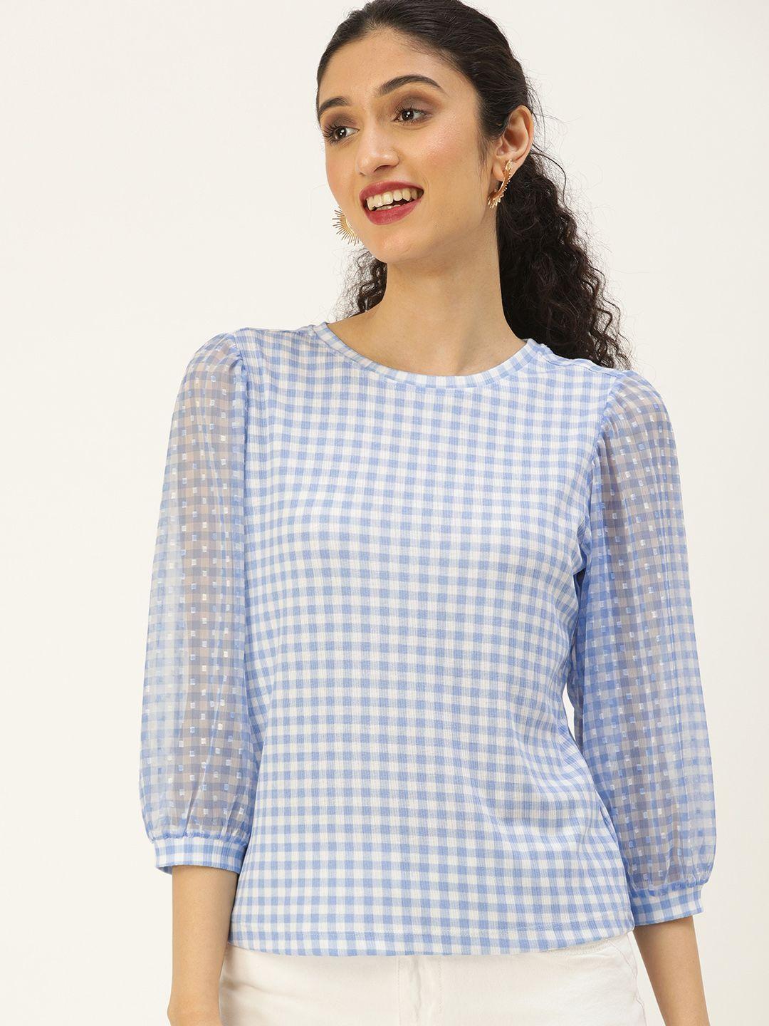 and women blue & white checked  puff sleeves round neck top