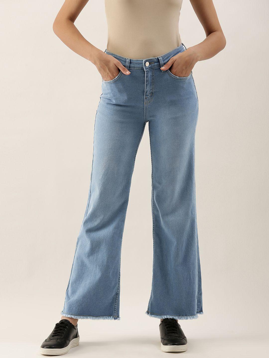 and women blue flared light fade fit and flared stretchable jeans