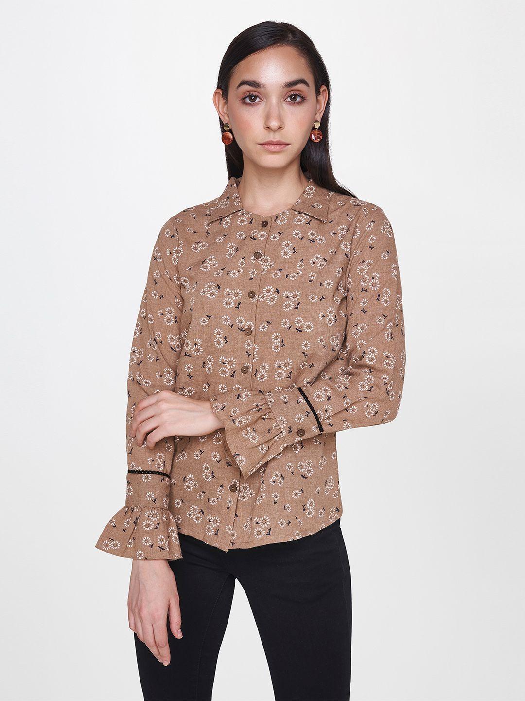 and women brown floral print shirt style top