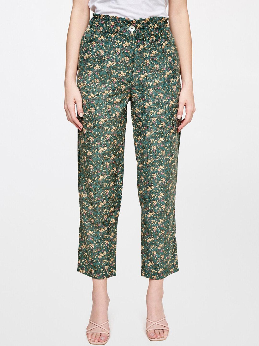 and women green floral printed trousers