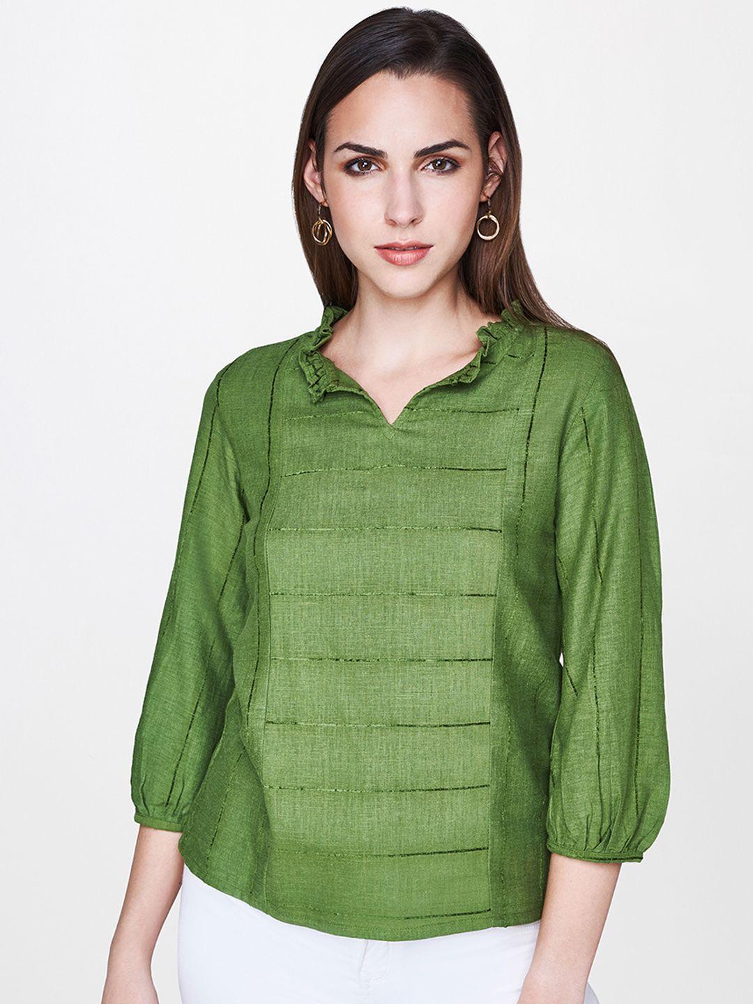 and women green self striped top