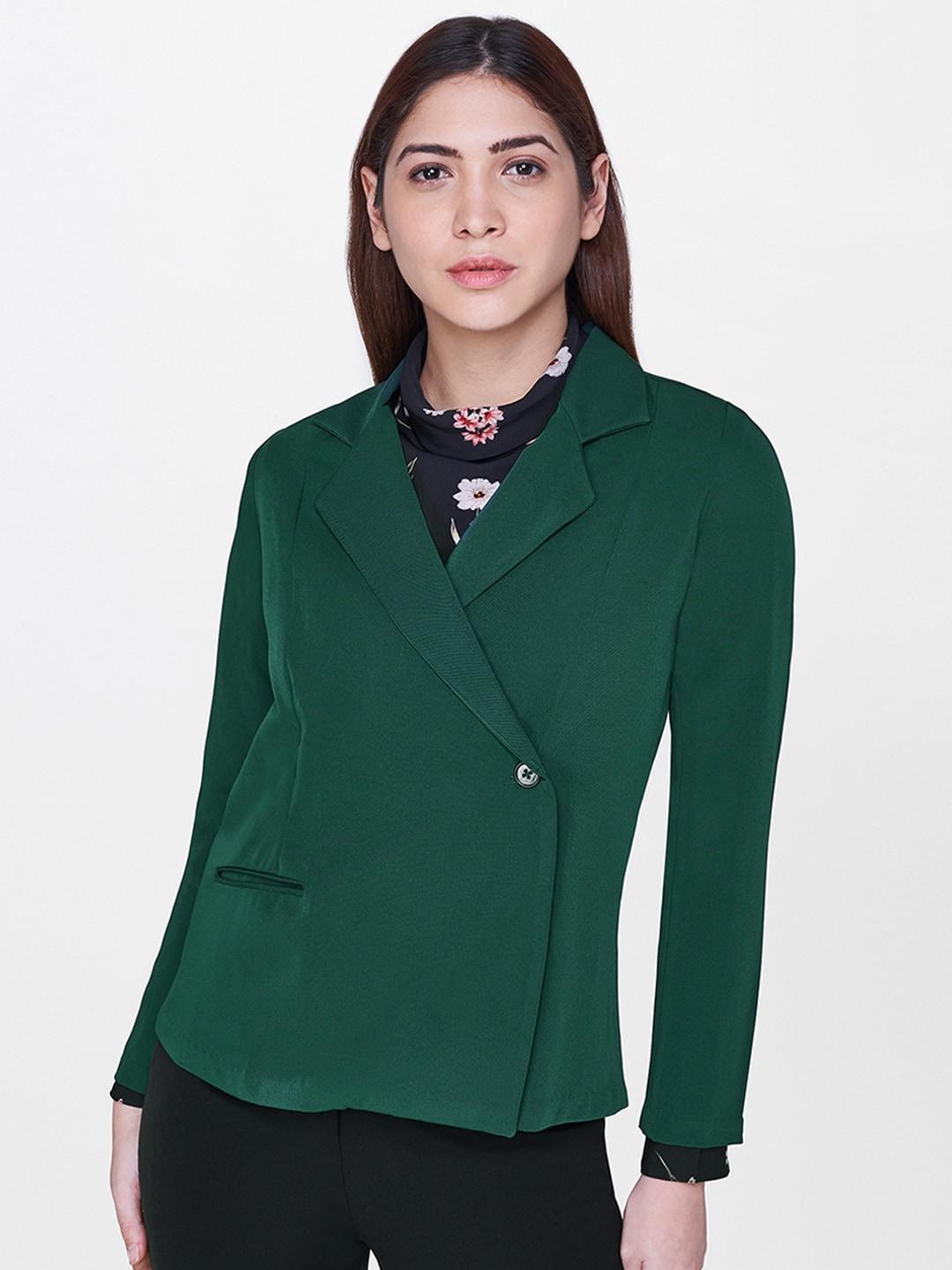 and women green solid single-breasted blazer