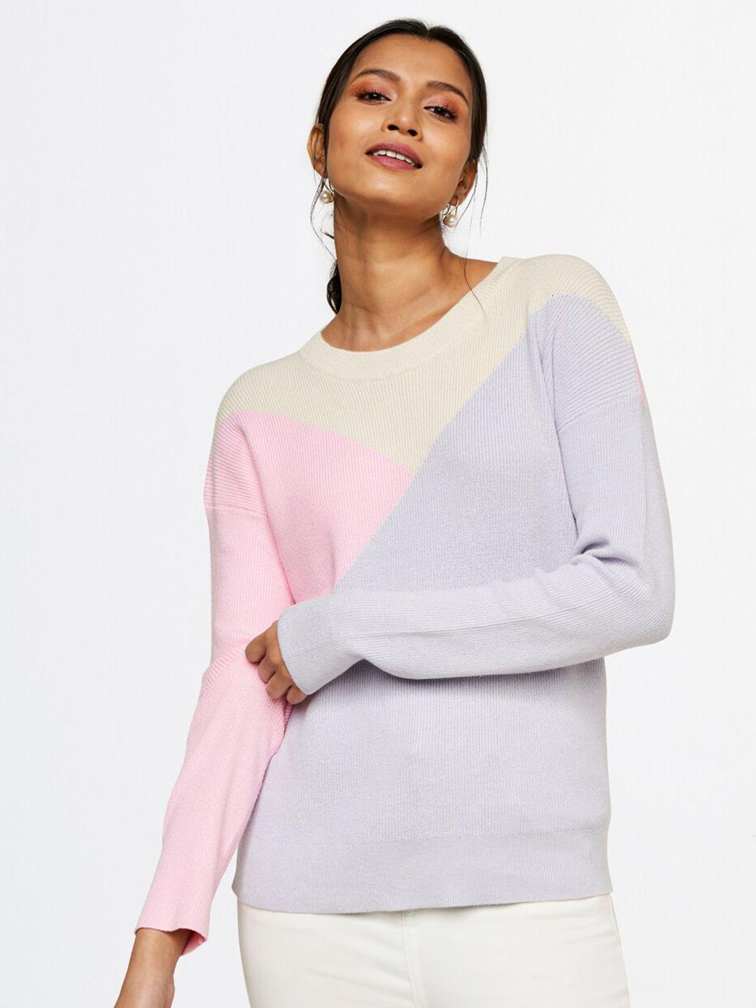 and women grey & pink colourblocked rayon top