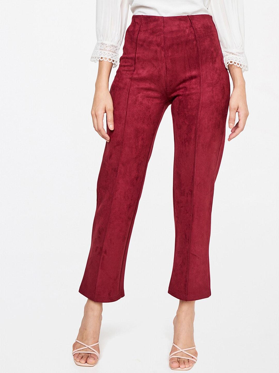 and women maroon ethnic motifs printed tapered fit trousers