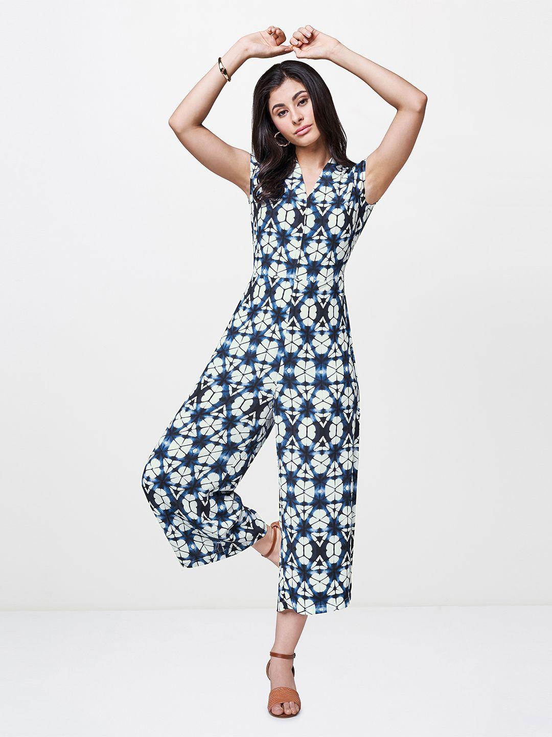 and women navy blue & white printed culotte jumpsuit