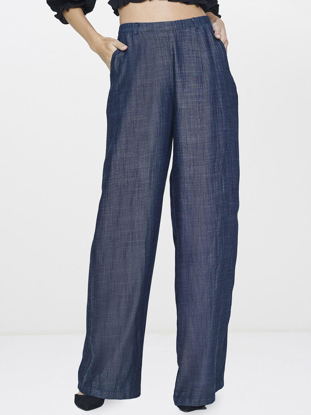 and women navy blue regular fit solid parallel trousers
