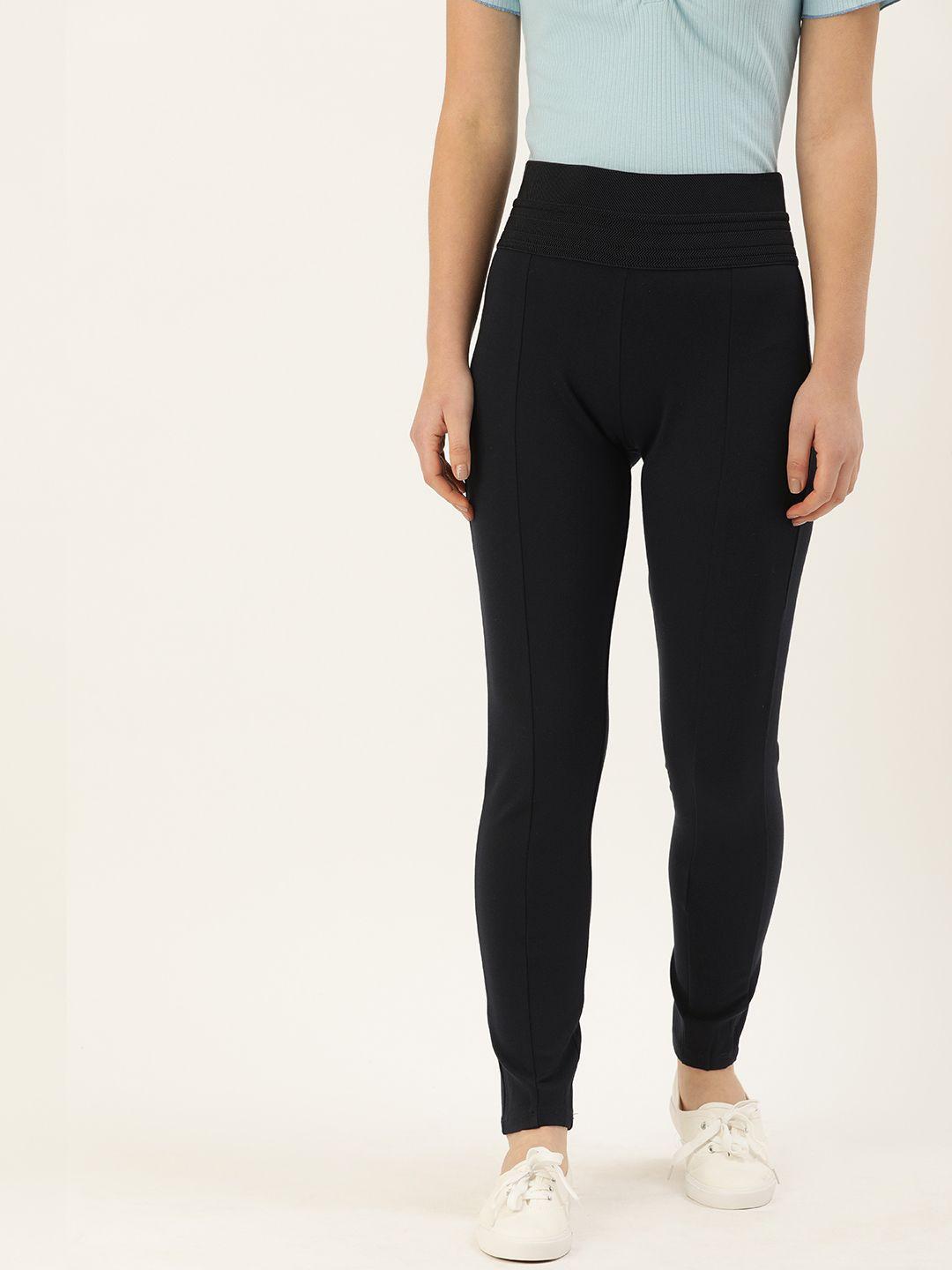 and women navy blue slim fit solid treggings