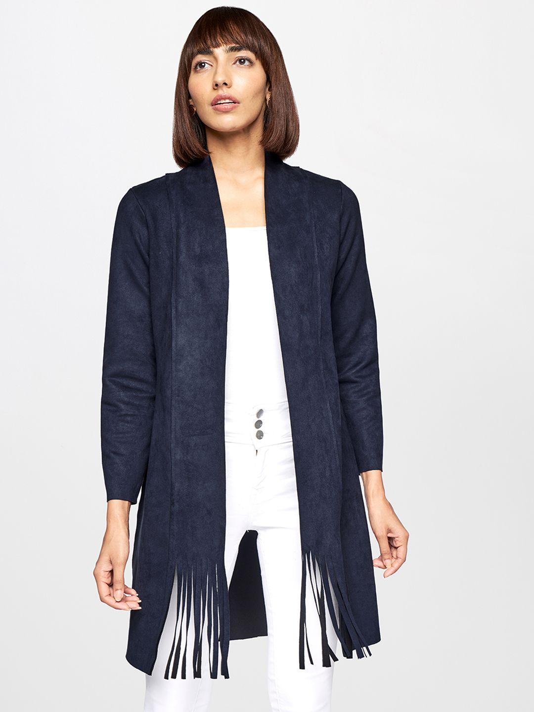 and women navy blue solid longline shrug