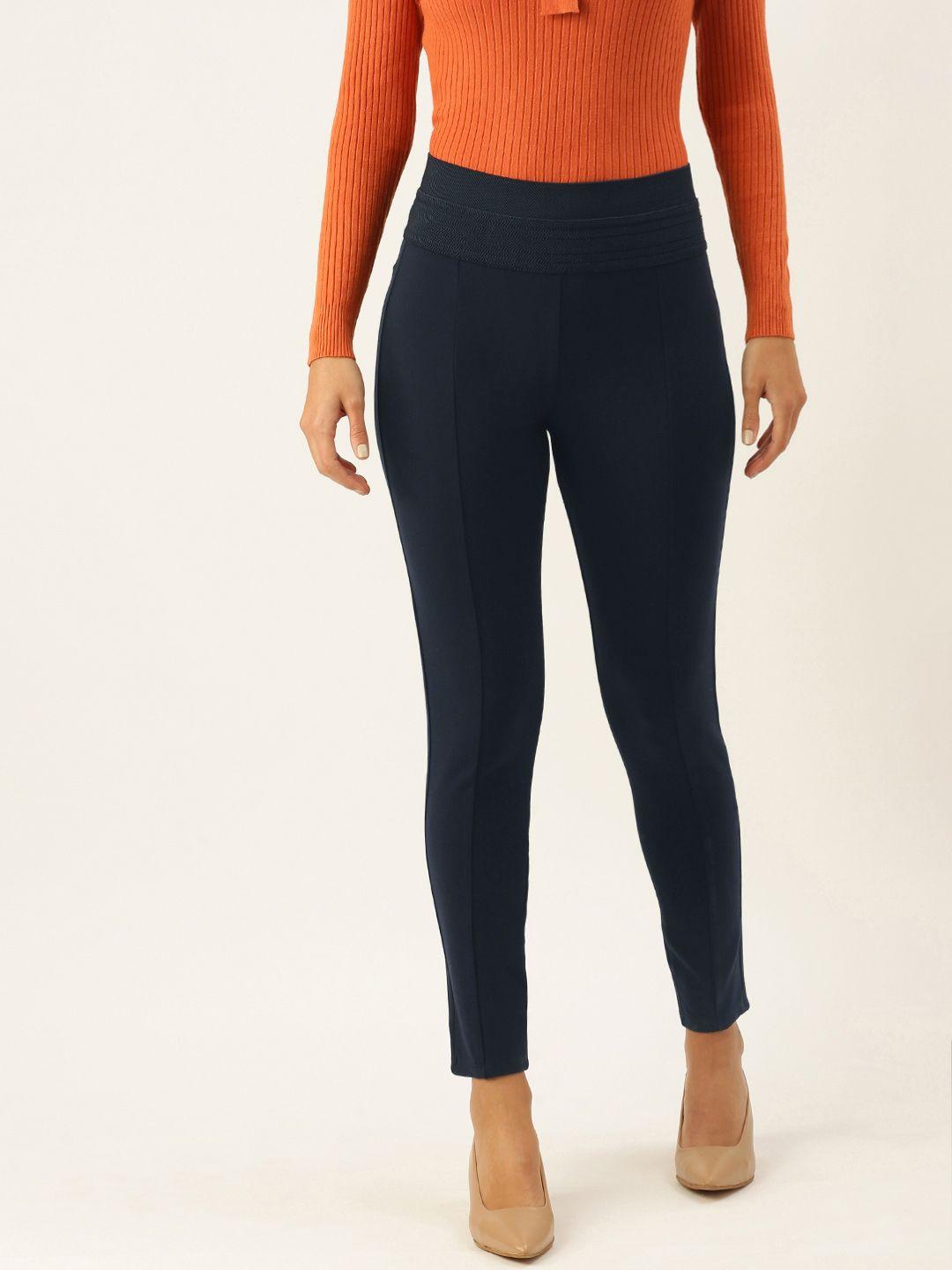 and women navy blue straight fit trousers