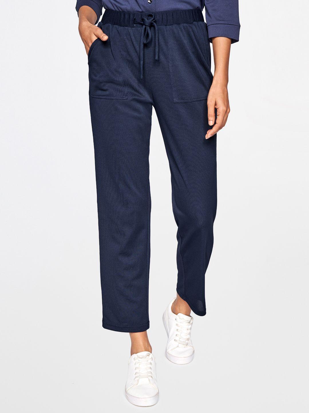 and women navy blue tapered fit high-rise trousers
