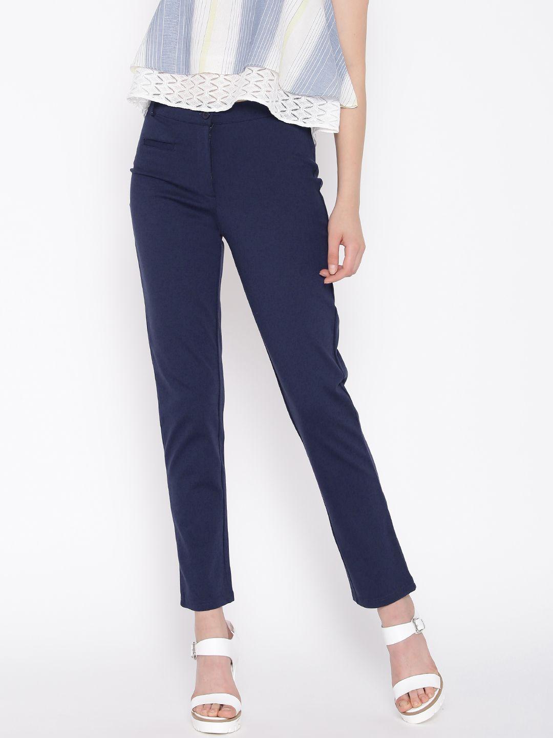 and women navy solid regular fit trousers