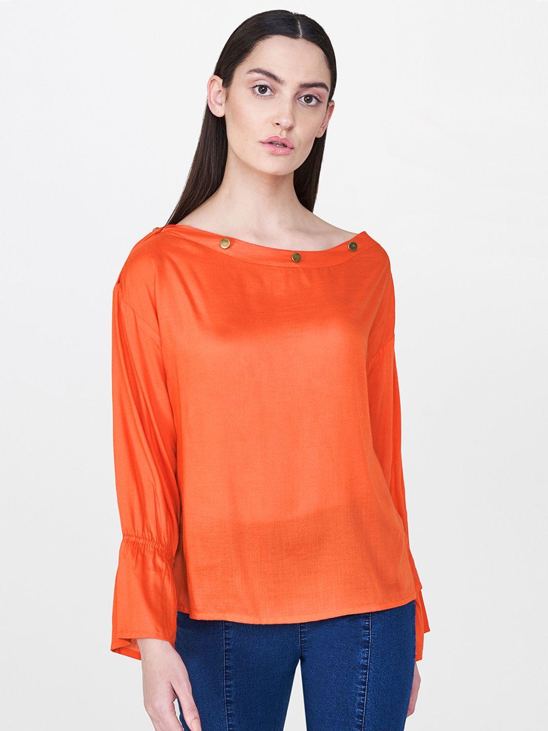 and women orange solid semi sheer top