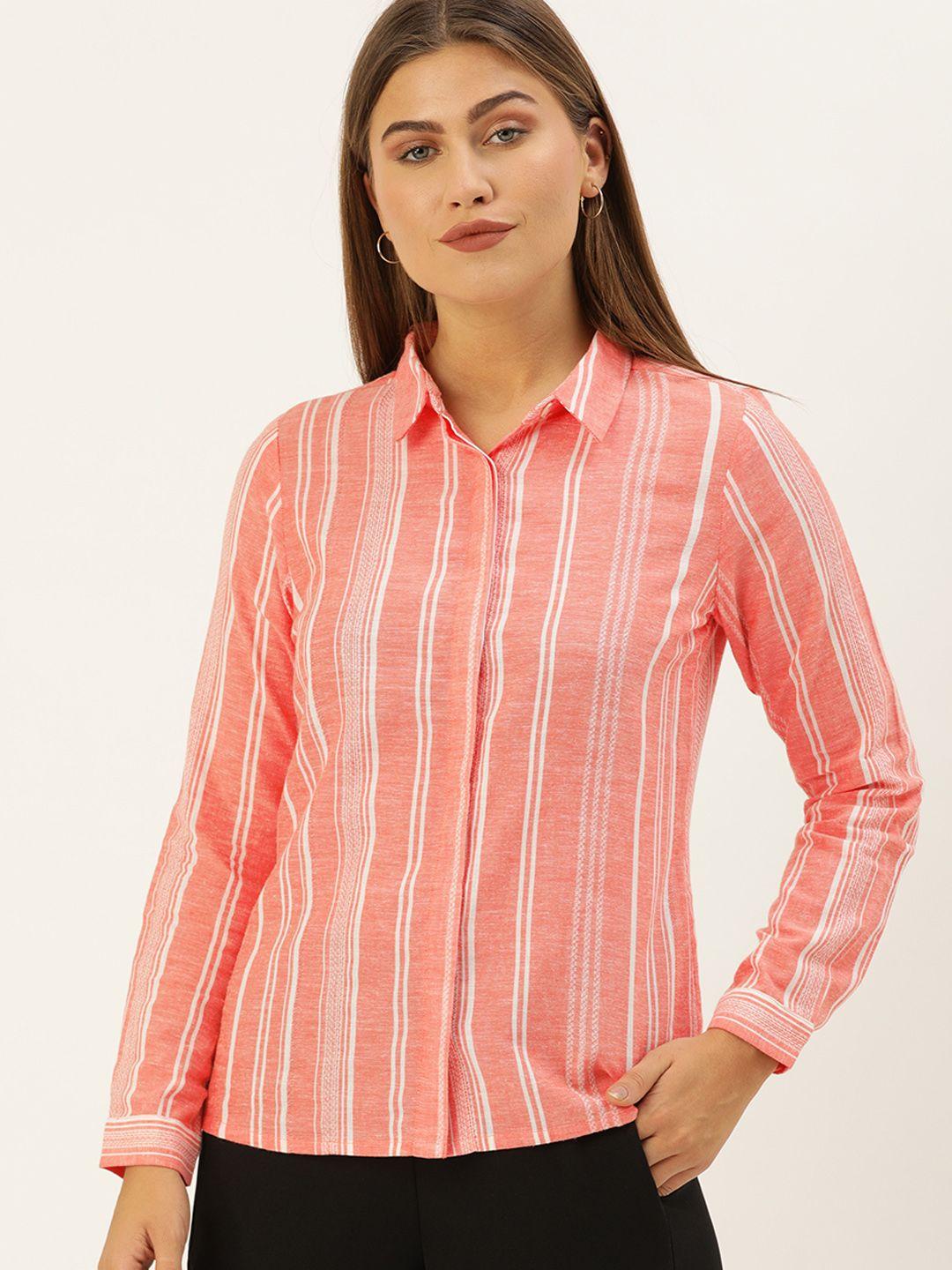 and women peach-coloured & white regular fit striped casual shirt