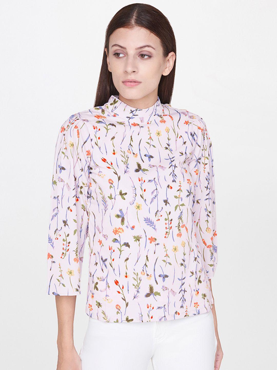and women pink & blue floral printed top