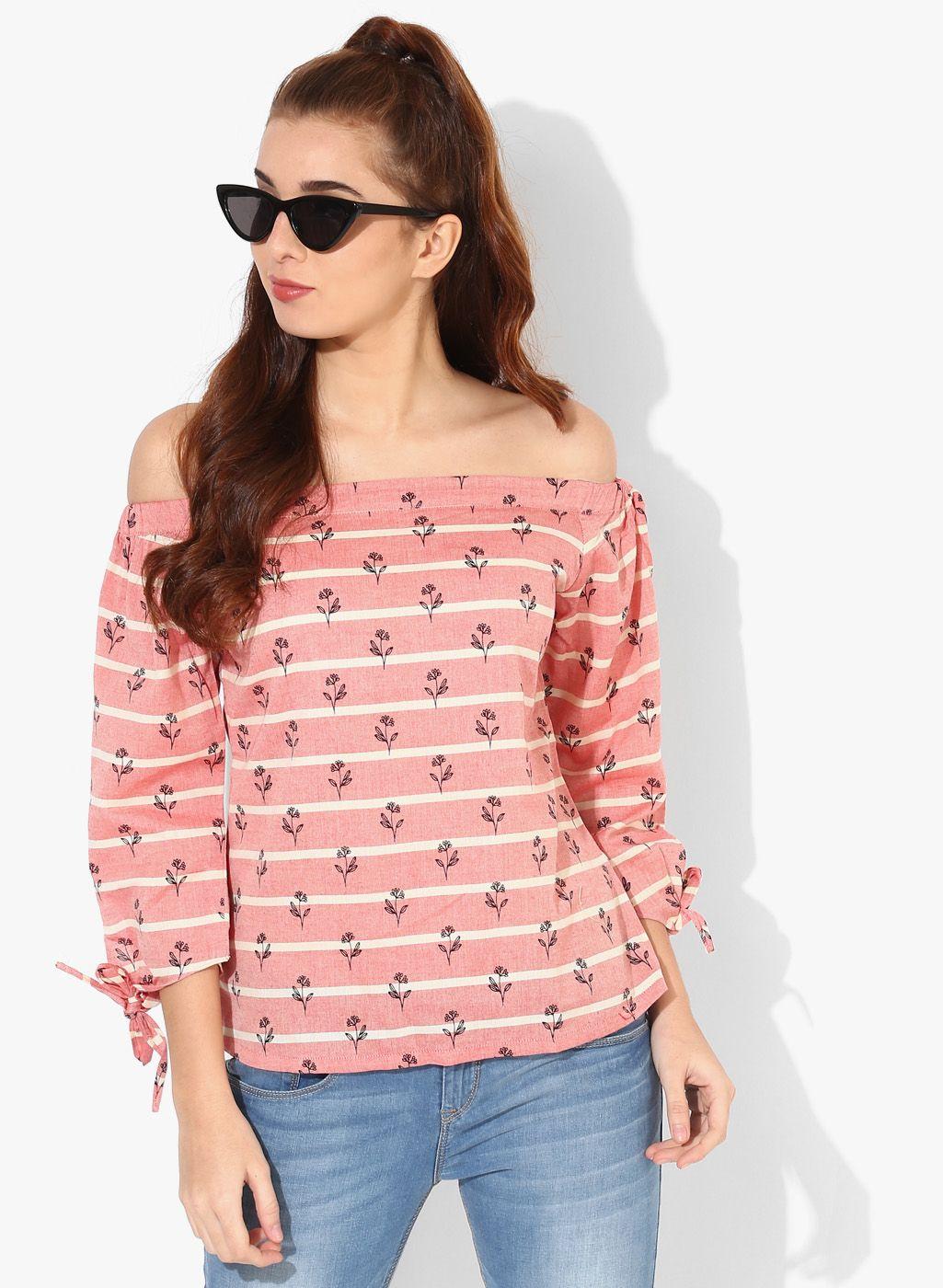 and women pink & off-white striped & printed bardot top