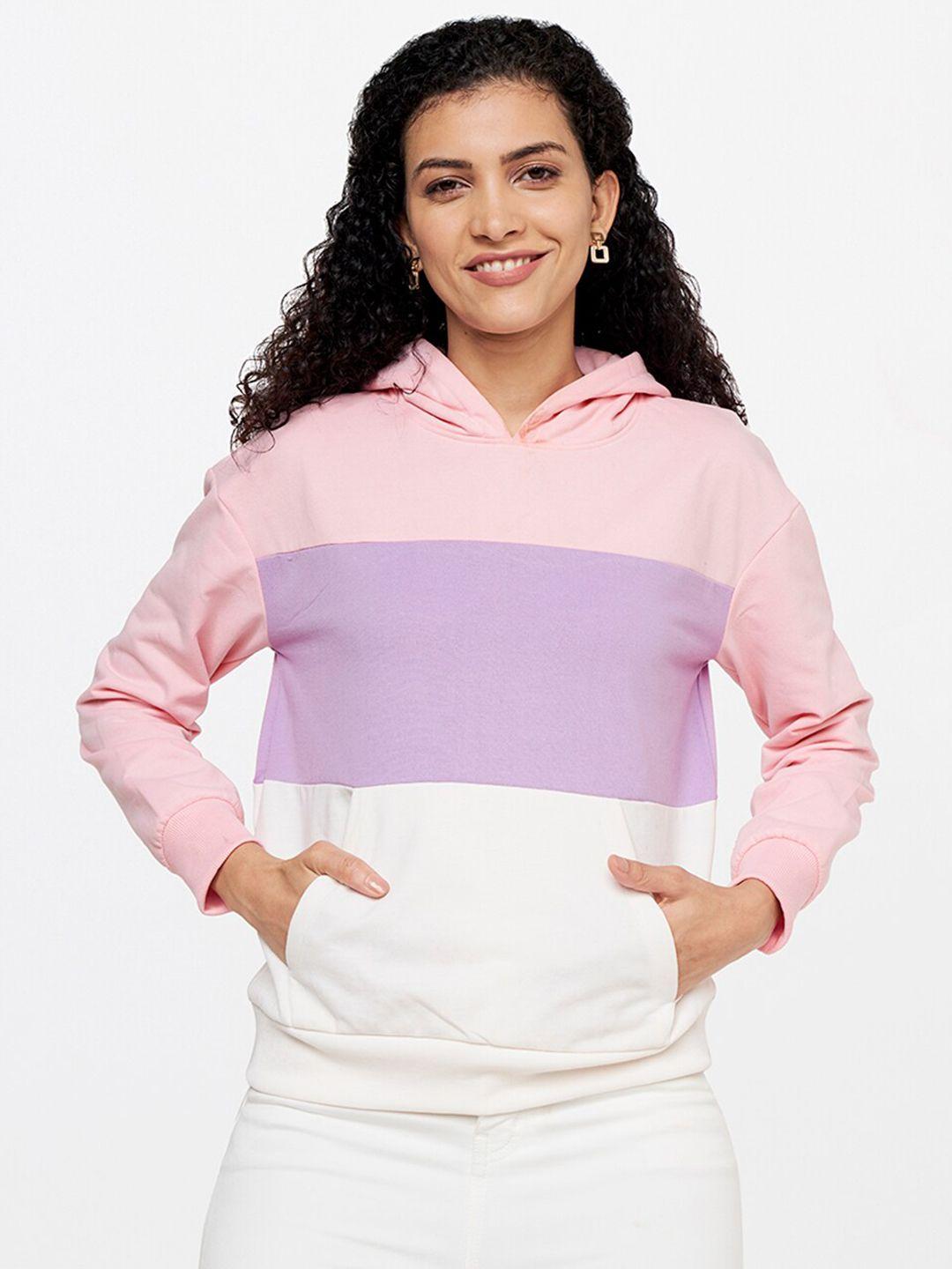 and women pink colourblocked hooded sweatshirt