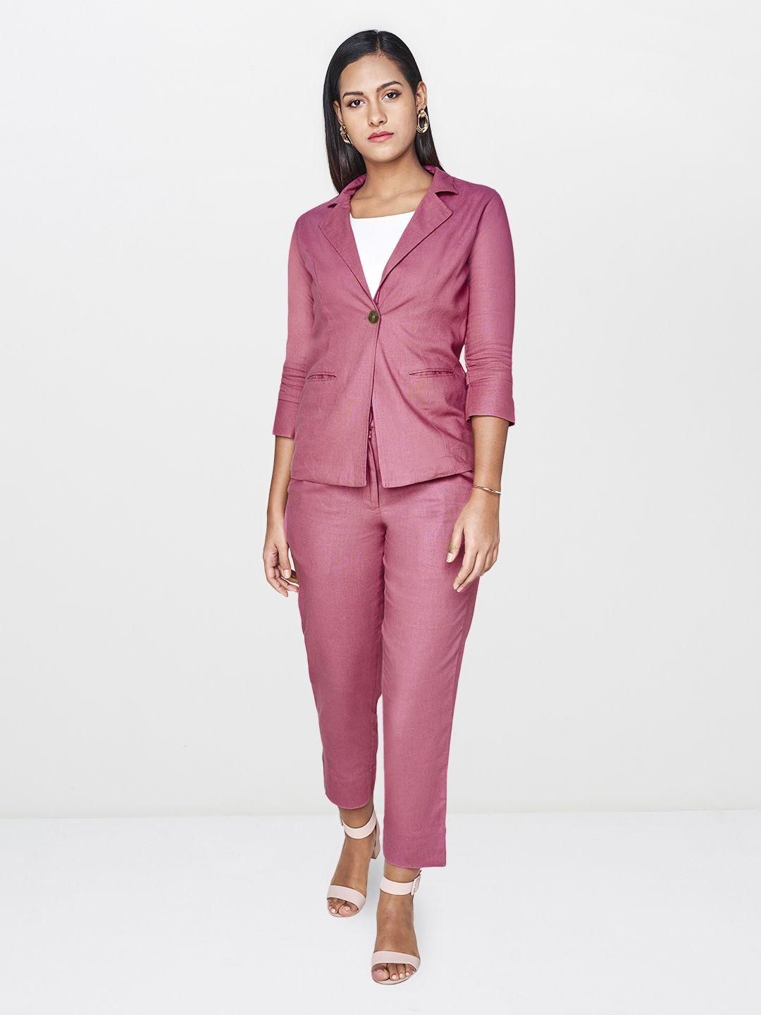 and women pink solid light weight tailored fit single-breasted casual linen blazer