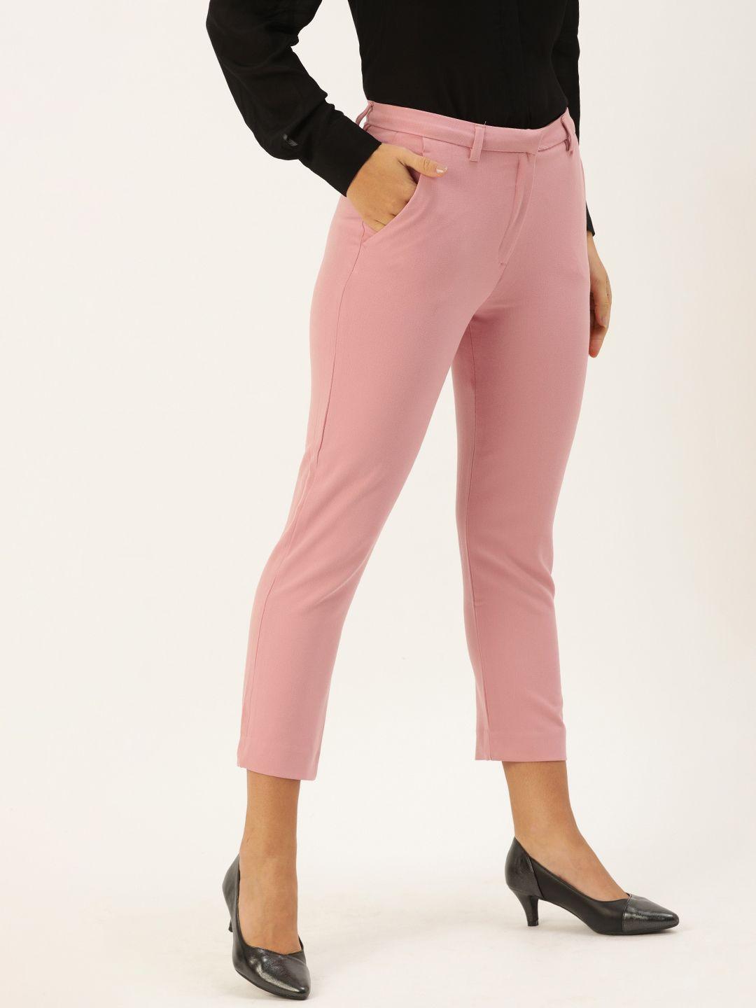 and women pink tapered fit solid cropped formal trousers