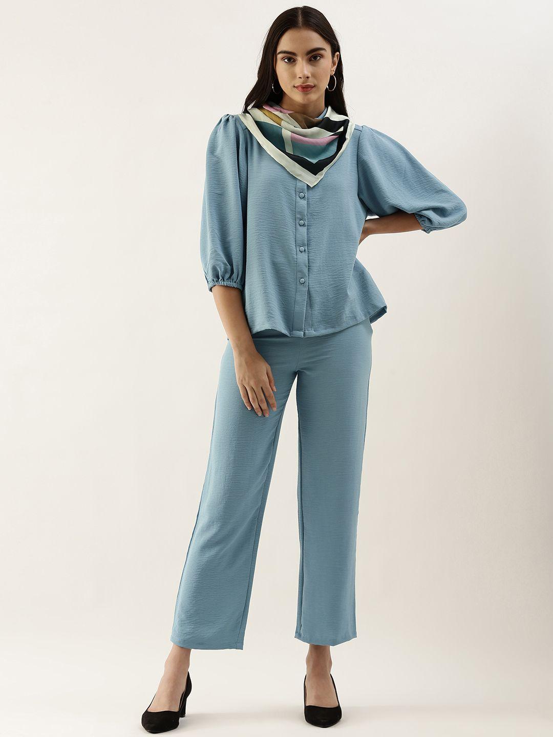 and women powder blue solid shirt with formal trousers