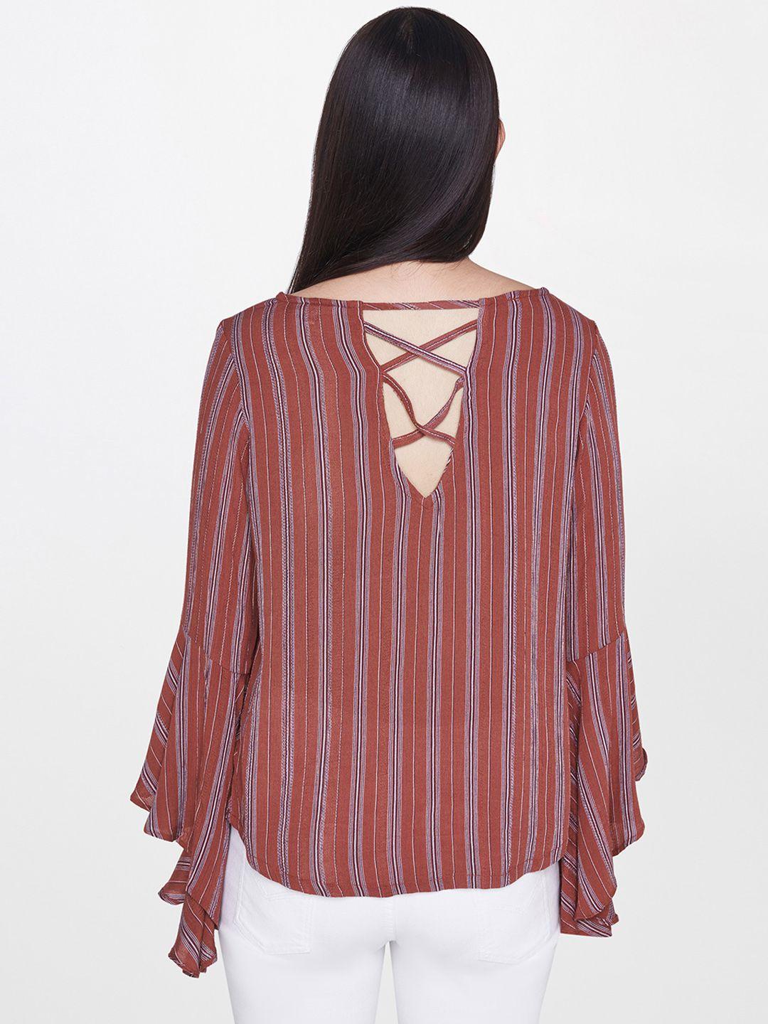 and women rust brown & white striped styled back top