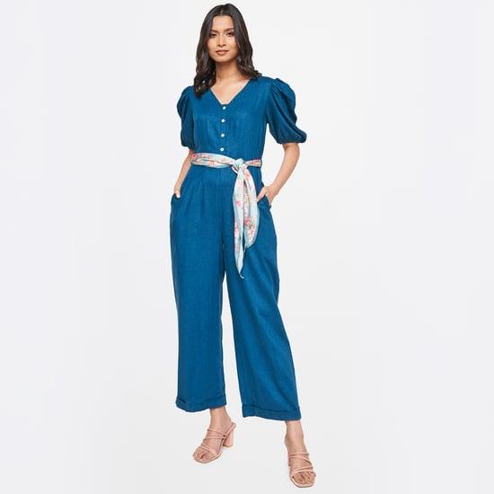 and women solid belt detailed jumpsuit