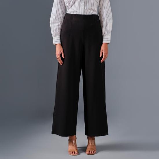 and women solid flared fit formal trousers