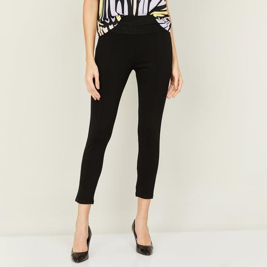and women solid full-length slip-on trousers