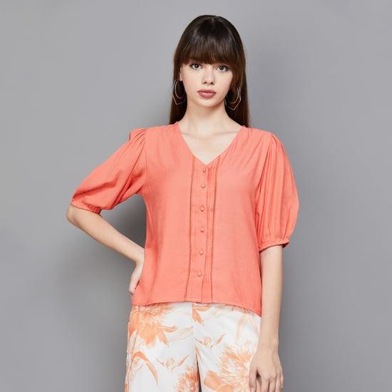 and women solid puffed sleeve top