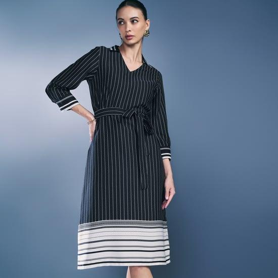 and-women-striped-belted-fit-&-flare-dress