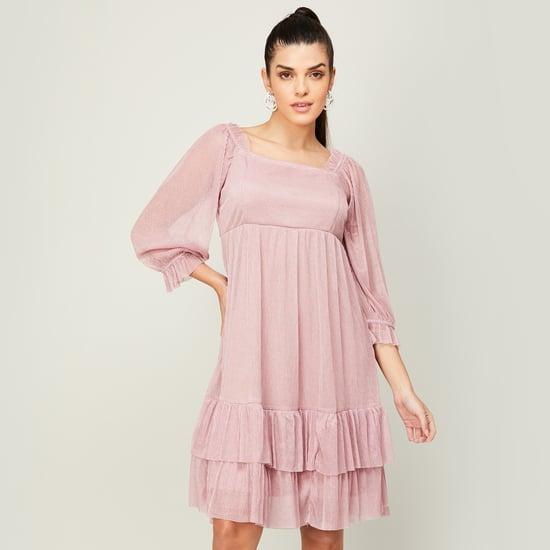 and women textured square neck a-line dress