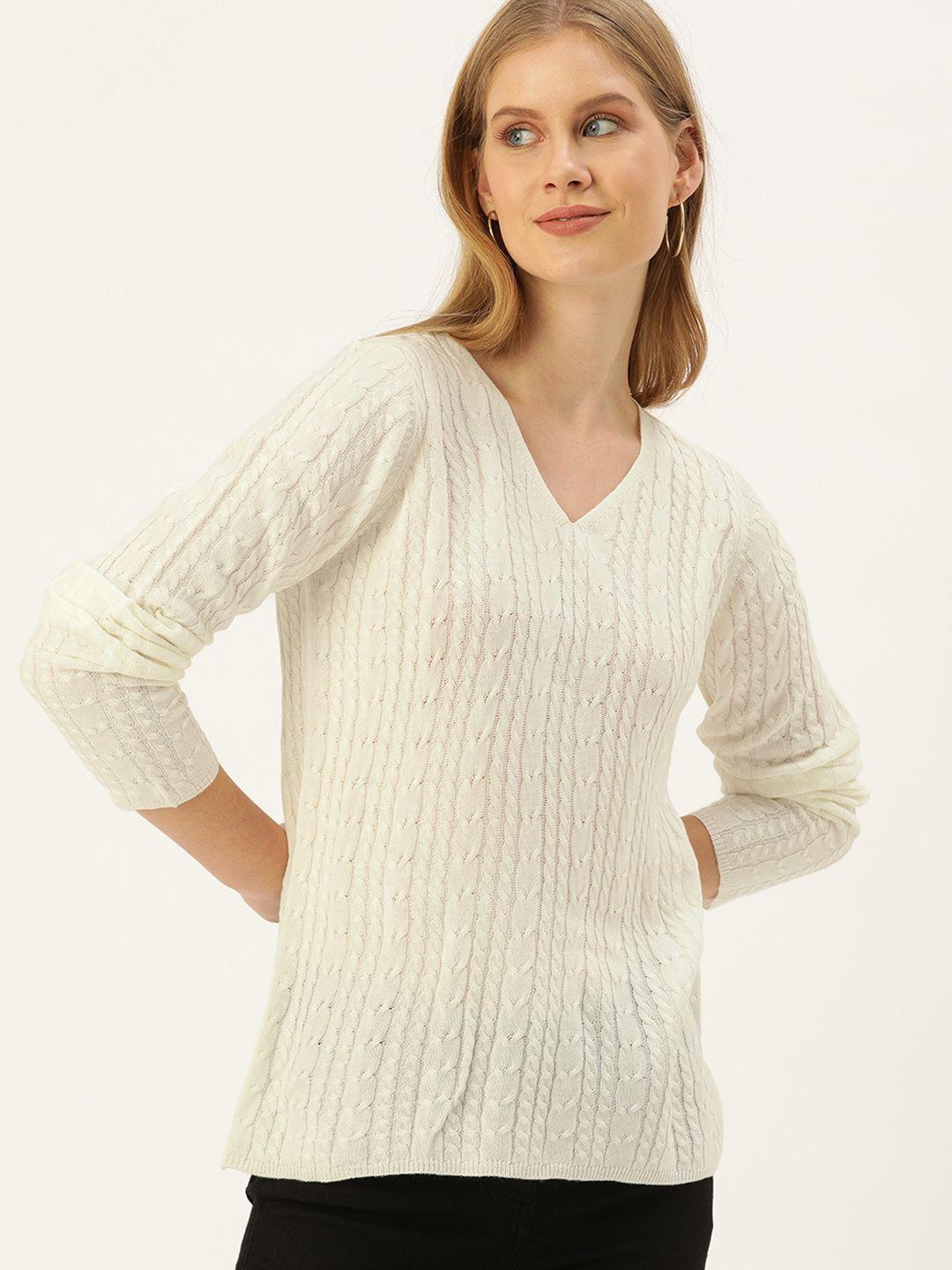 and women white self design pullover sweater