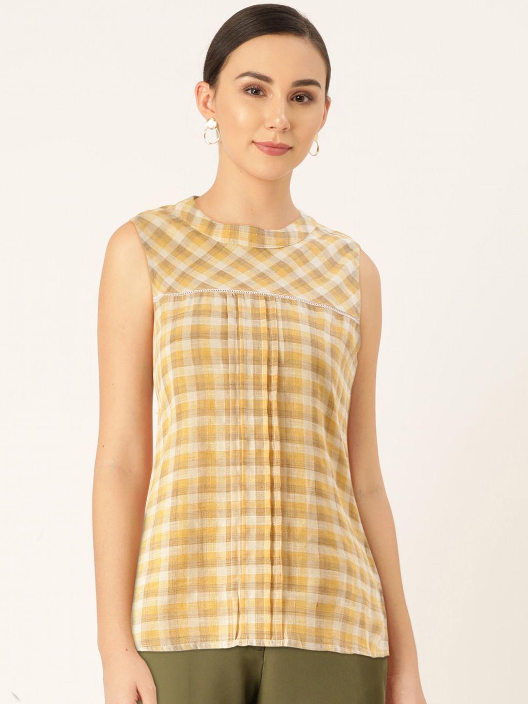 and women yellow & off white checked top with pleated detailing