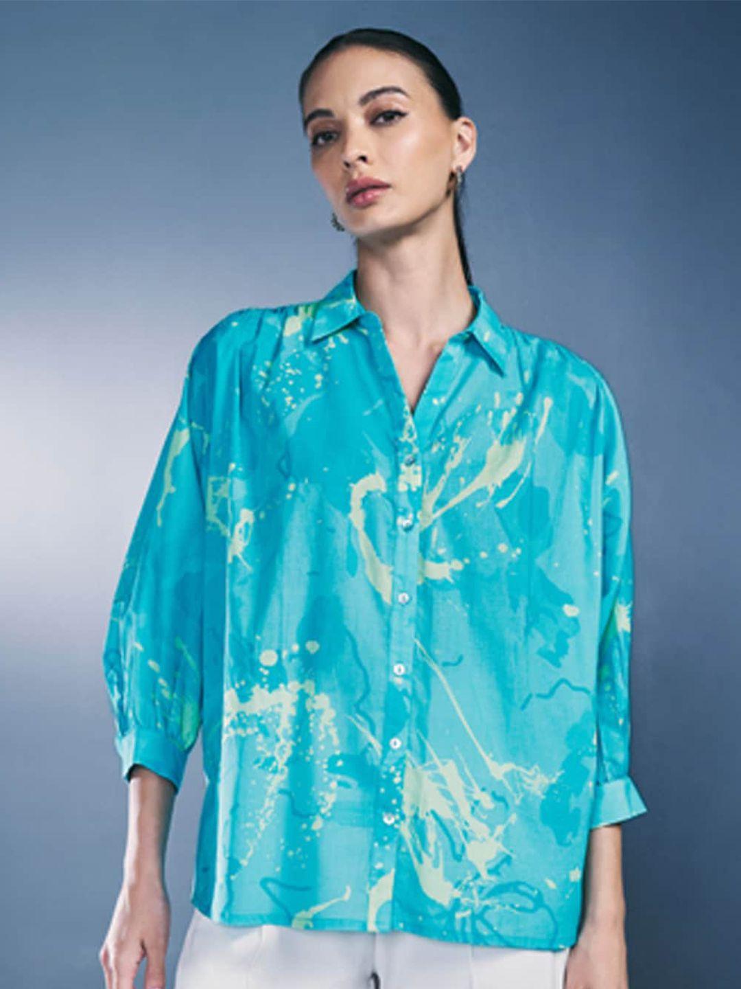 and abstract printed cuffed sleeves pure cotton shirt style top